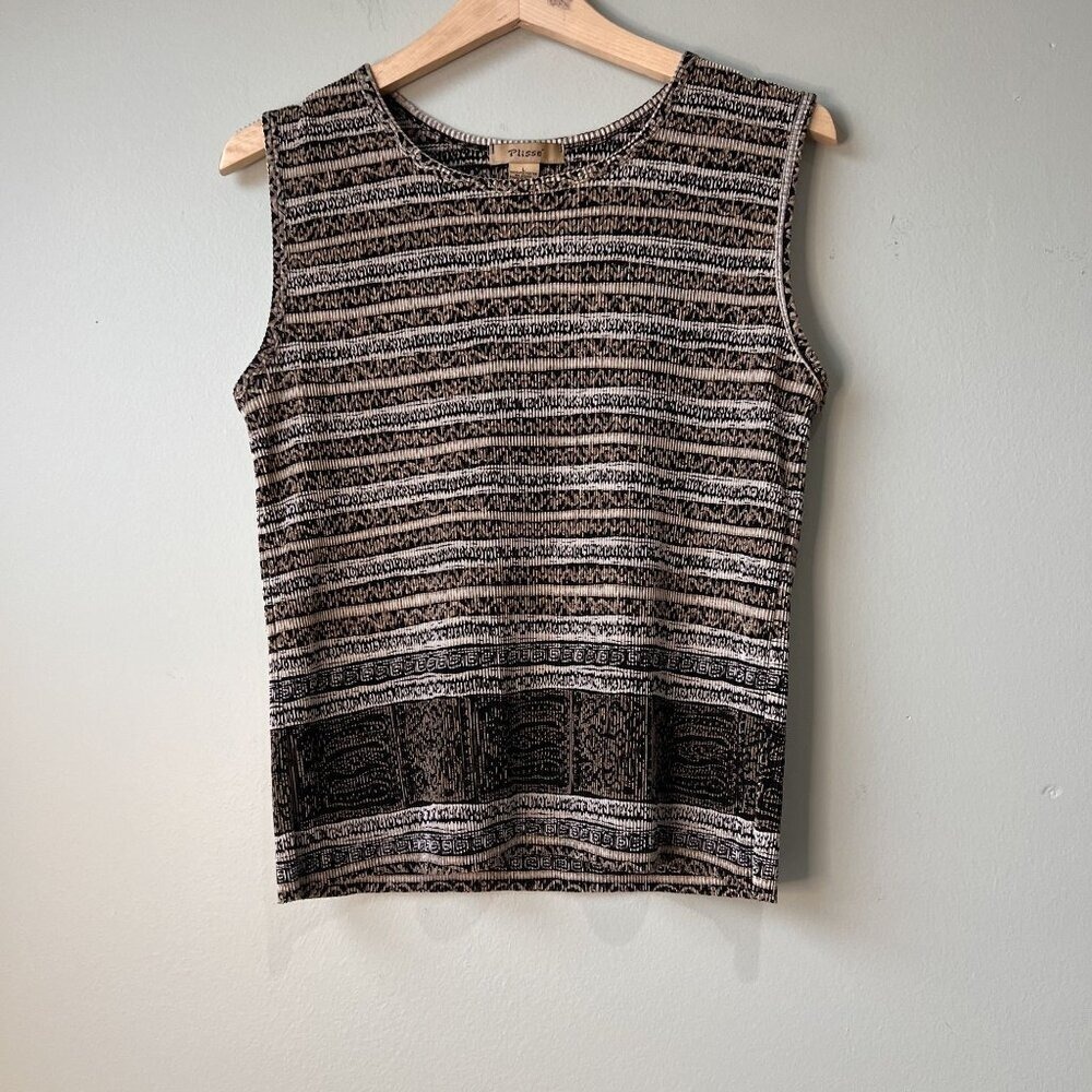 Plissé Womens Sleeveless Top Black & Beige Geometric Pattern Size L